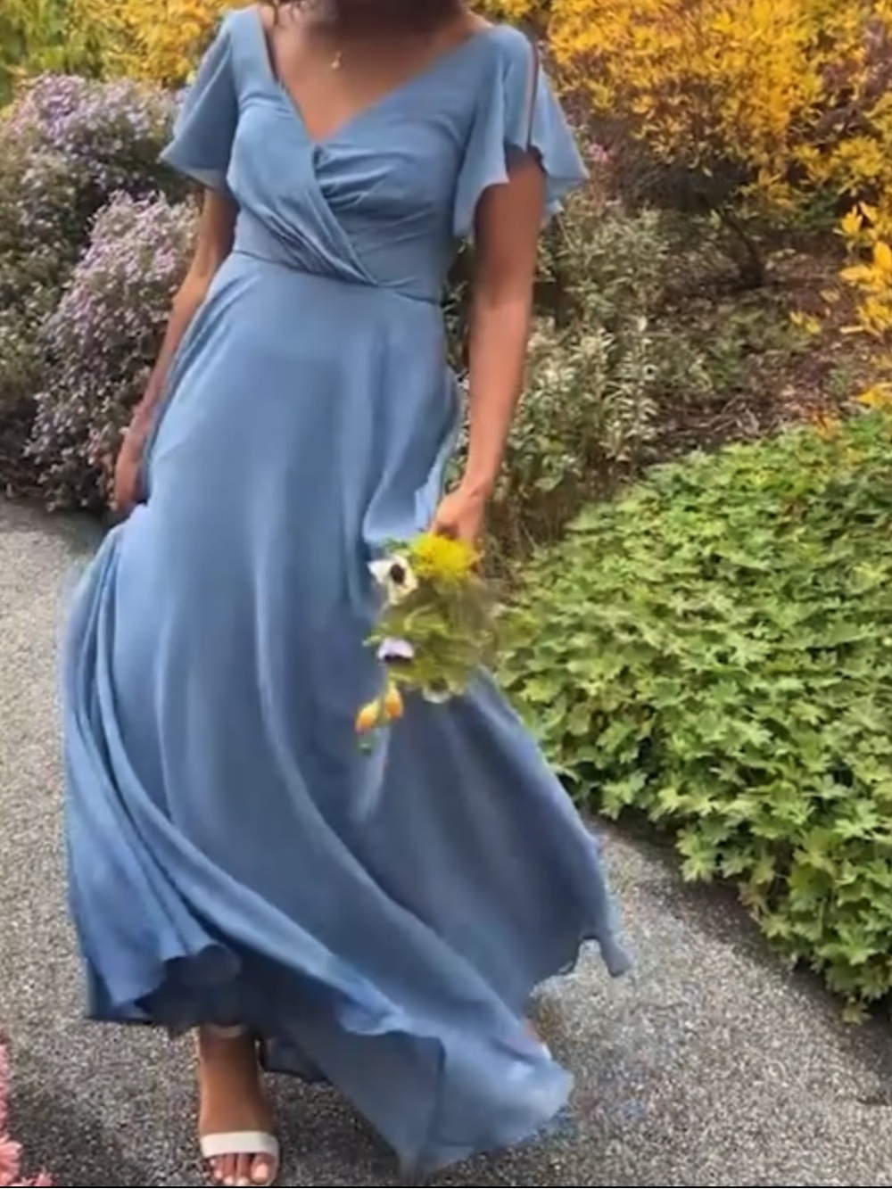 David's Bridal Steel Blue Flutter-Sleeve Maxi Dress